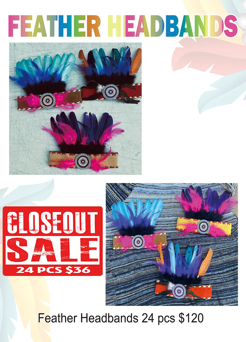 Feather Headbands - Closeout 24 Pcs.